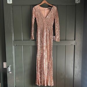 NWT Lulus Capture the Moon Rose Gold Long Sleeve Sequin Maxi Dress Small